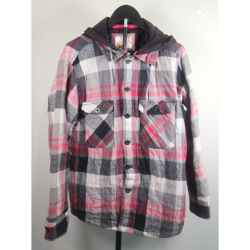 OP Men's Hooded Plaid Quilted Jacket‎ LG Black Gray Red Flannel Shacket Coat